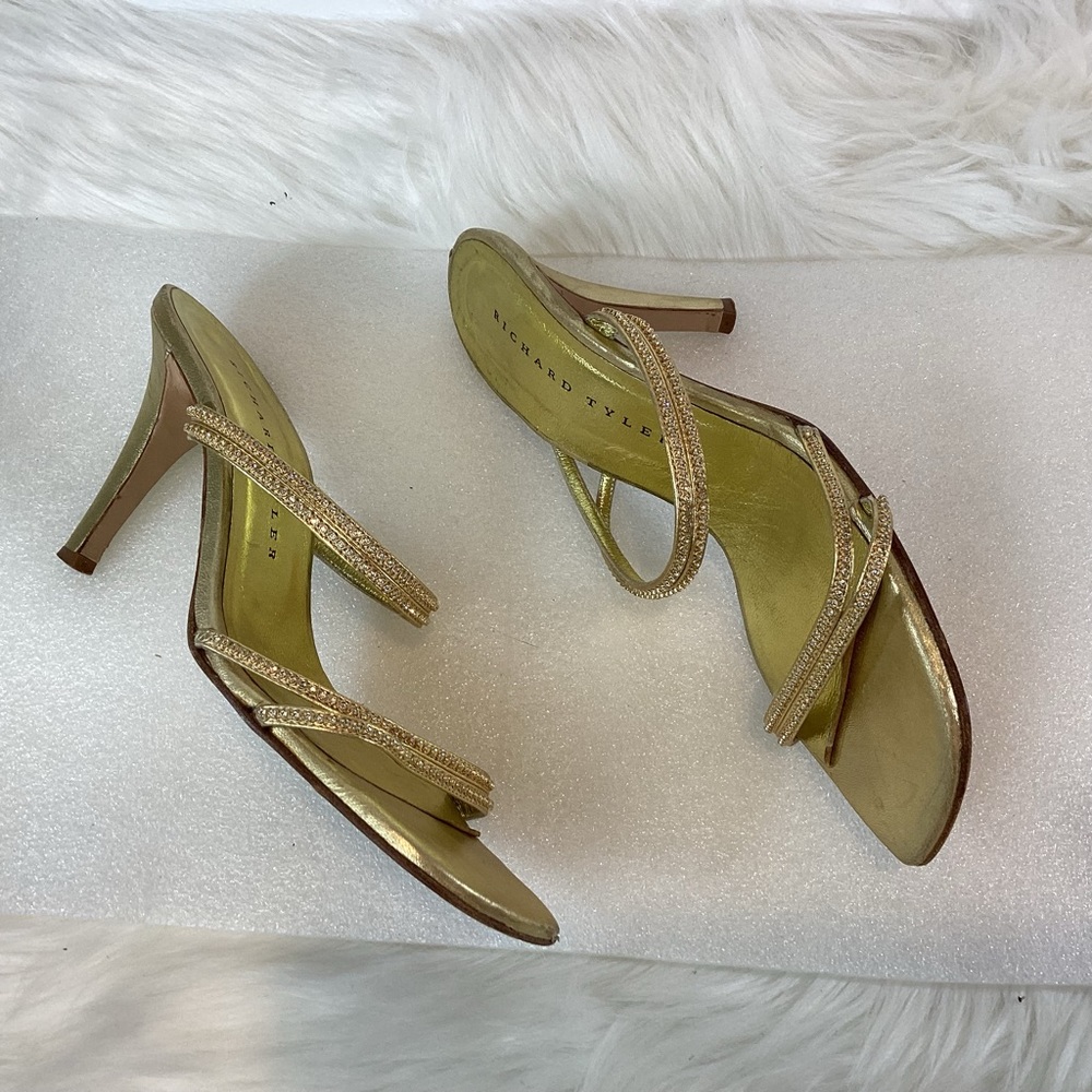 RICHARD TYLER ITALY LEATHER CRYSTAL EMBELLISHED HEELS GOLD SZ 7.5